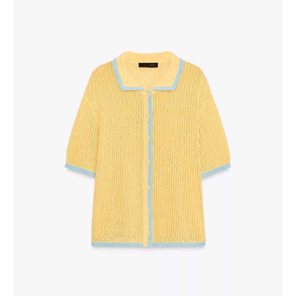 Zara Yellow and Blue Knit Polo Button-Up Cardigan Top Size L